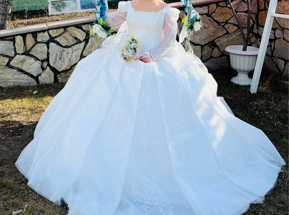 Uzun Kollu Straplez Beyaz Prenses Gelinlik TEMİZ YENİ - Görsel 2