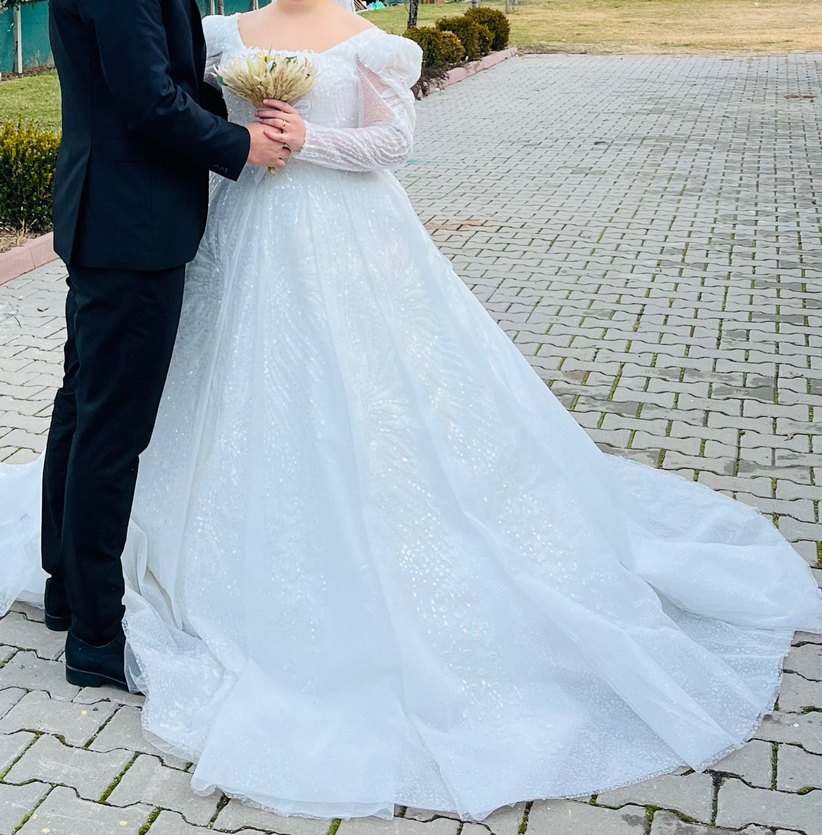 Uzun Kollu Straplez Beyaz Prenses Gelinlik TEMİZ YENİ - Görsel 3