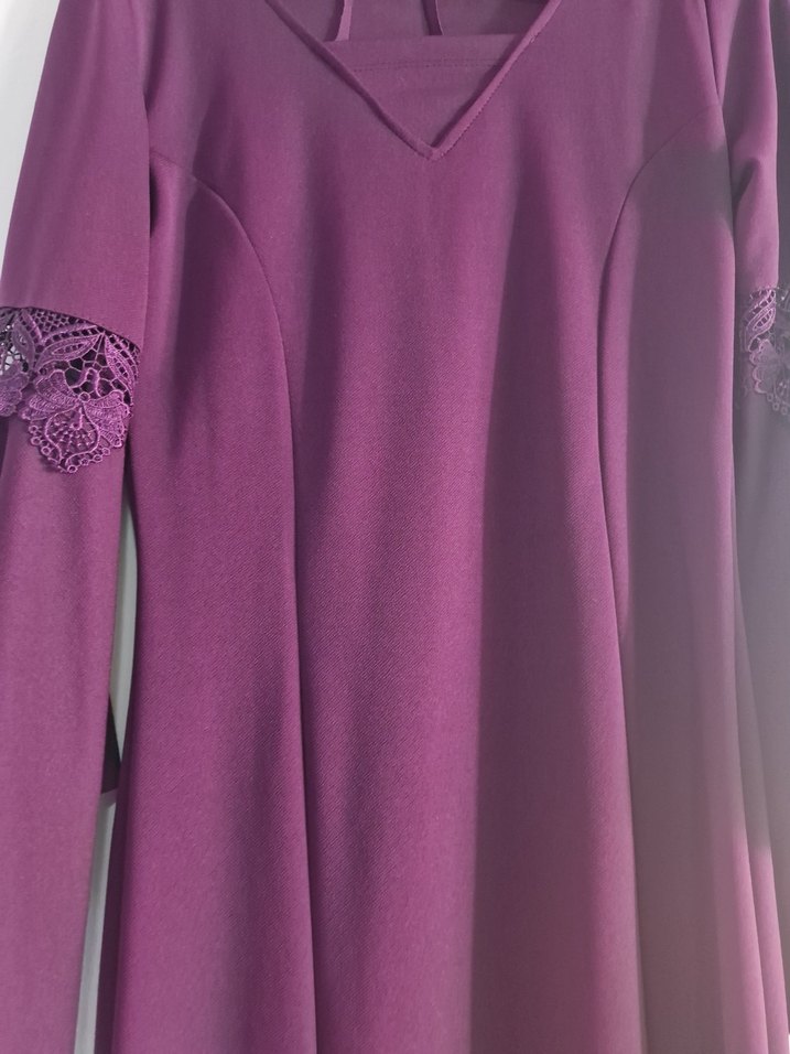 Dantelli V Yakalı Mor Midi Elbise Sıfır 42 beden - Görsel 3