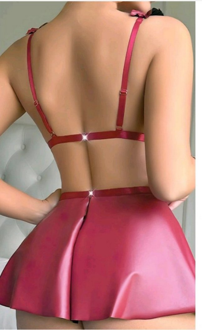 Zincir Detaylı Pembe Deri Mini Gecelik - Görsel 2