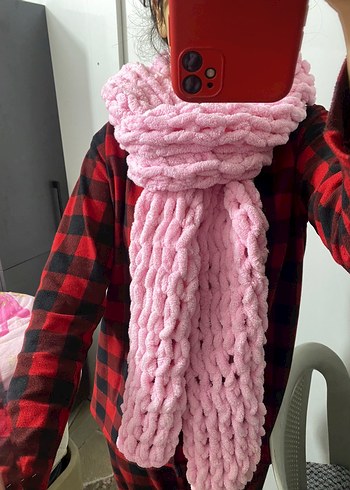 Pembe puffy örgü atkı - Görsel 2