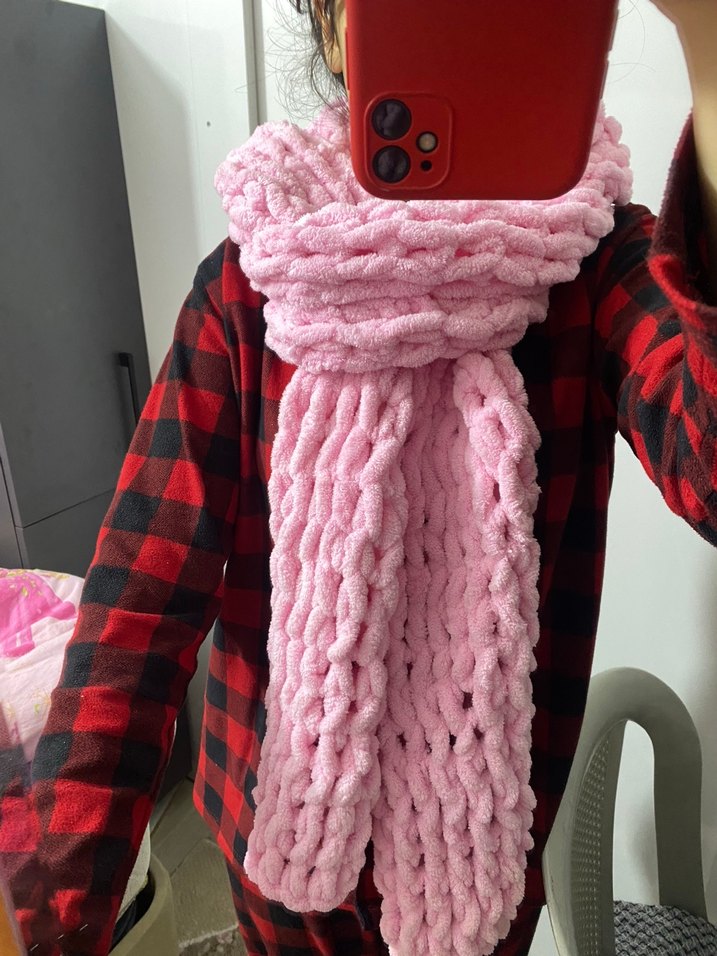 Pembe puffy örgü atkı - Görsel 2