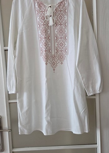 Nakış desen baskılı Beyaz Pamuklu Tunik