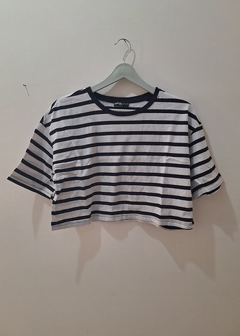Gri Çizgili Kısa Kollu Crop Top