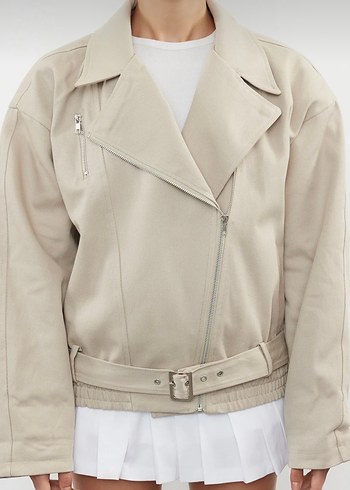 Bej Keten Mini Kadın Ceket - Görsel 2