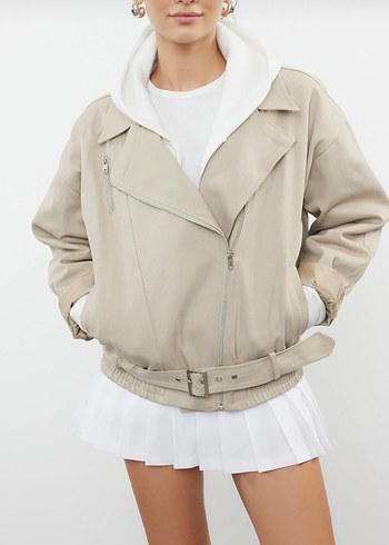 Bej Keten Mini Kadın Ceket - Görsel 6