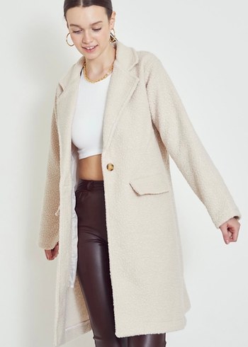Bej Peluş Midi Kadın Kaban - Görsel 2