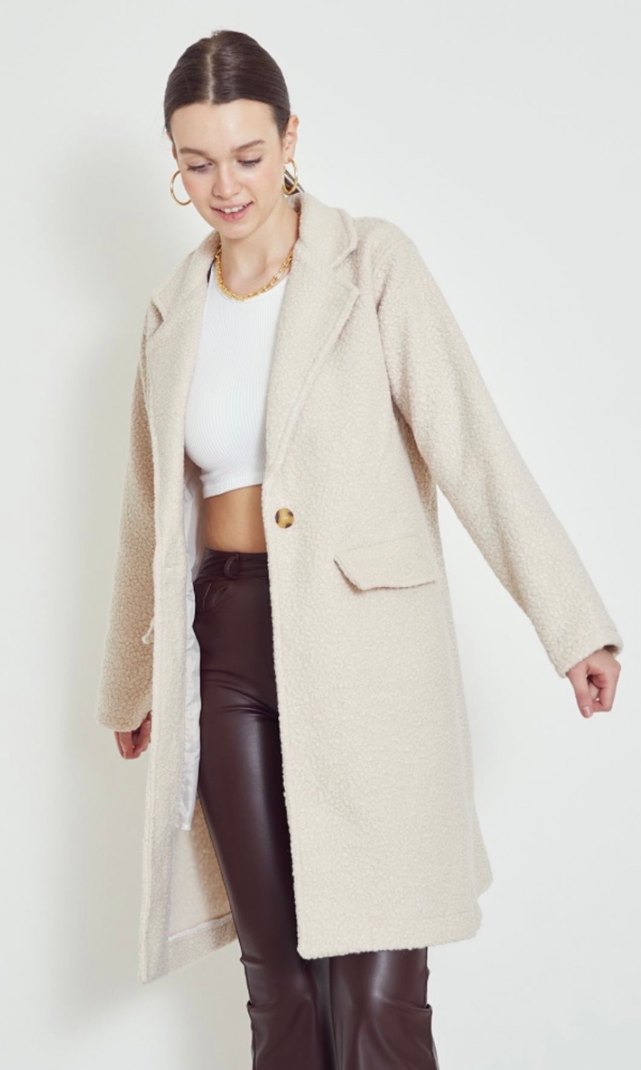 Bej Peluş Midi Kadın Kaban - Görsel 2