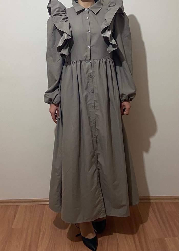 Bej Keten Uzun Kollu Fırfırlı Kadın Elbise - Görsel 2