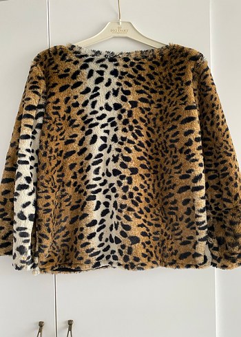 Leopar Desenli Kahverengi Kadın Suni Kürk Ceket - Görsel 2