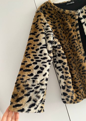 Leopar Desenli Kahverengi Kadın Suni Kürk Ceket - Görsel 5