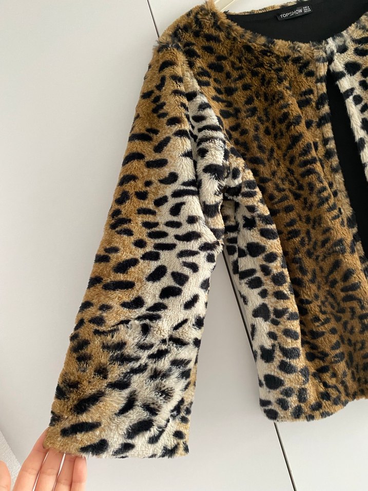 Leopar Desenli Kahverengi Kadın Suni Kürk Ceket - Görsel 5