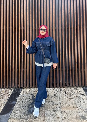 Kadın Lacivert Bağcıklı Denim Ceket takım