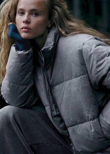 Gri Kapüşonlu Kadın Kış Montu - Görsel 2