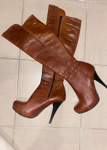 Taba renkli Deri Stiletto Topuklu Dizüstü Çizme