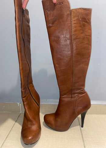 40 Beden Taba renkli Deri Stiletto Topuklu Dizüstü Çizme