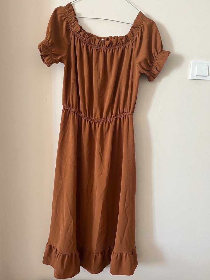 Kısa Kollu Midi Keten Elbise - Görsel 2