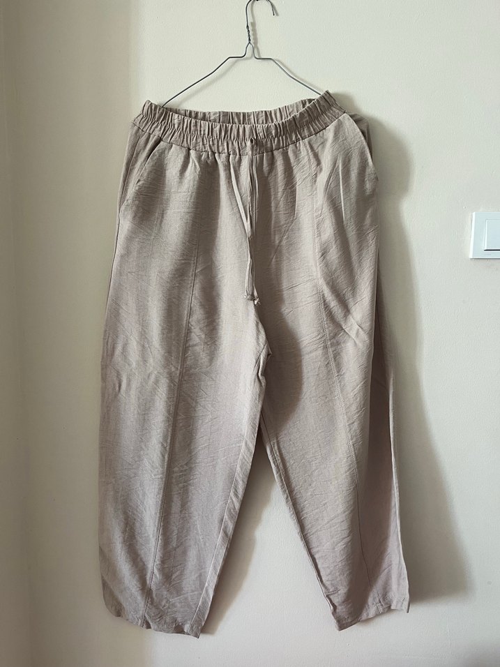 Bej Keten Rahat Kesim Kadın Pantolon - Görsel 2