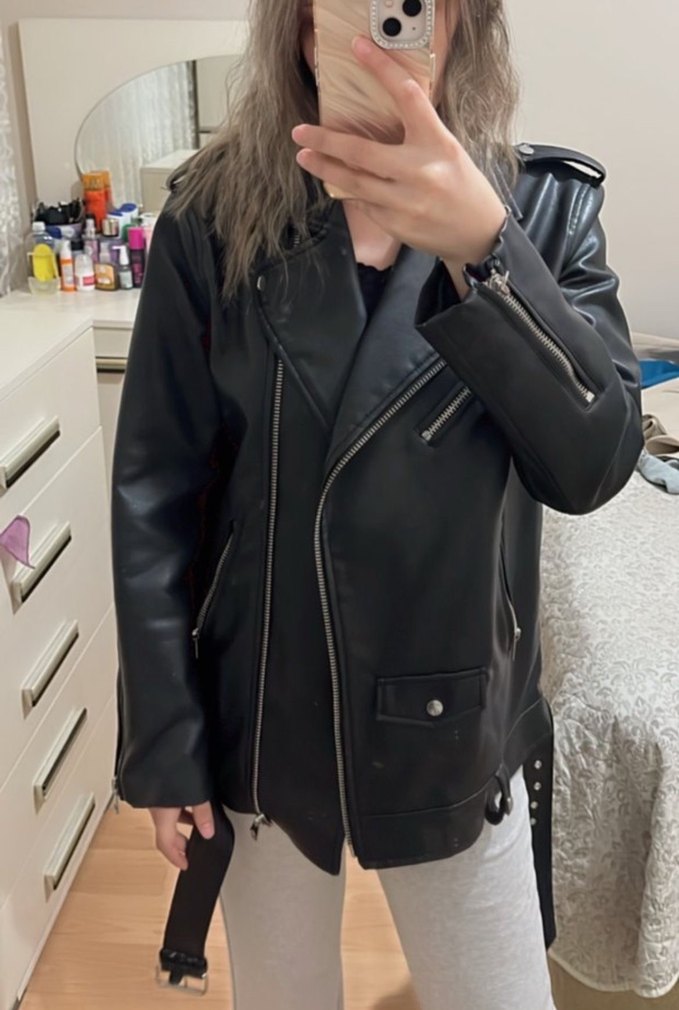 Kemerli Siyah Deri Biker Ceket - Görsel 2