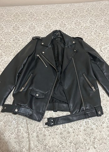 Stradivarius Siyah Deri Biker Ceket - Görsel 2