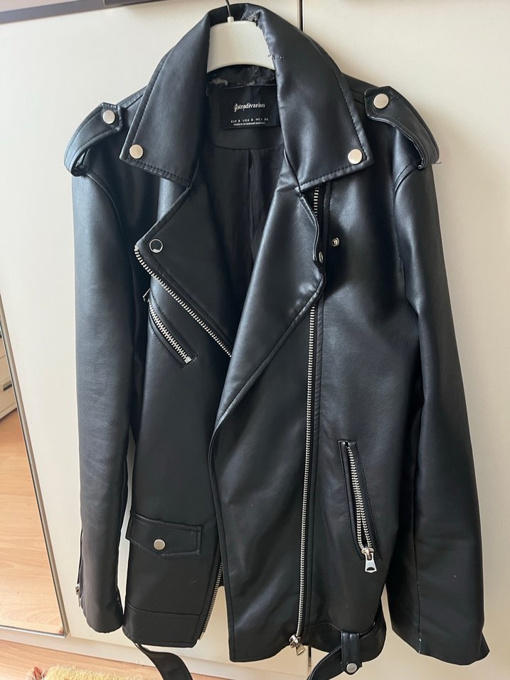 Kadın Siyah Deri Biker Ceket - Görsel 3