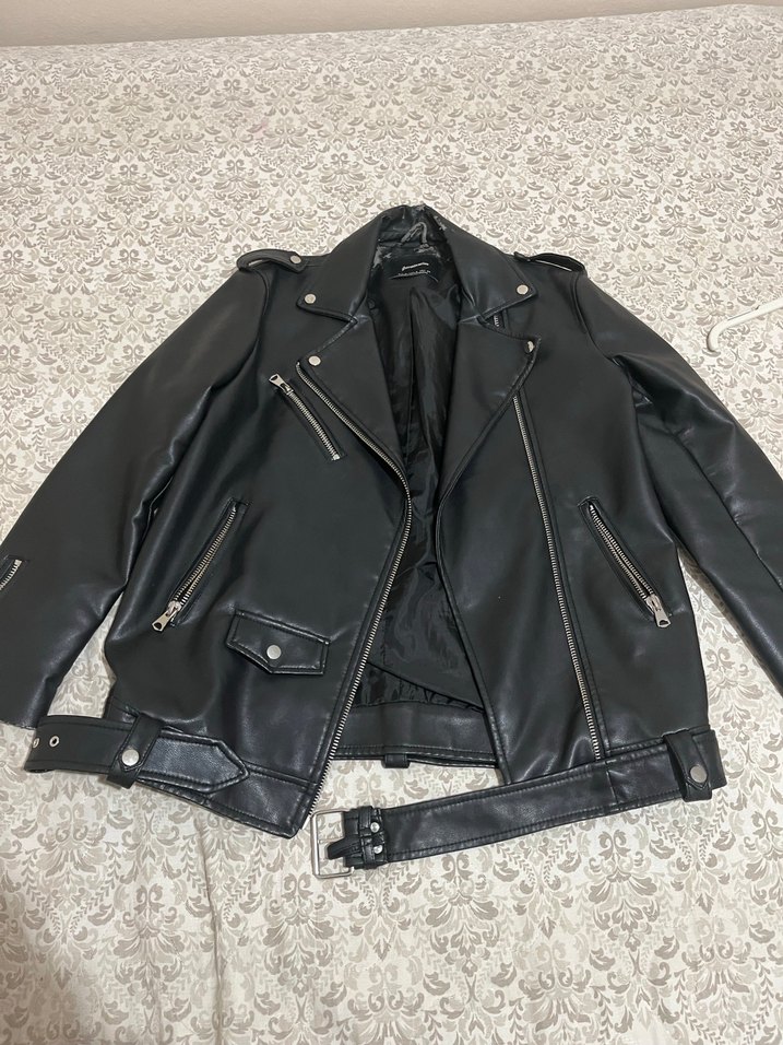 Kadın Siyah Deri Biker Ceket - Görsel 2