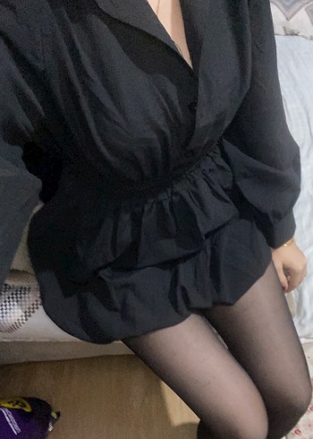 Siyah Mini V Yaka Düğmeli Elbise - Görsel 2