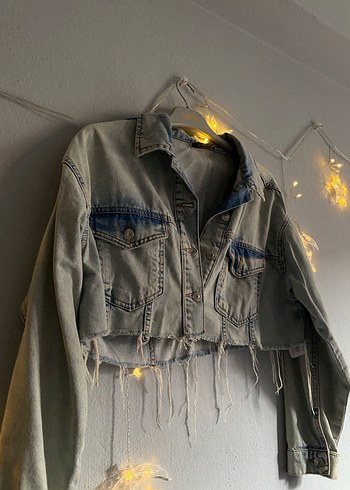 Gri Bağlama Desenli Düğmeli Kadın Kot Ceket - Görsel 2