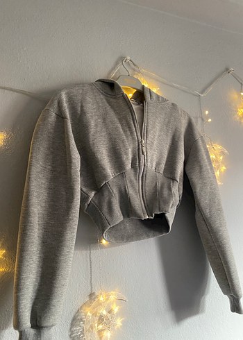 Gri Fermuarlı Kısa Kesim Kadın Sweatshirt - Görsel 3