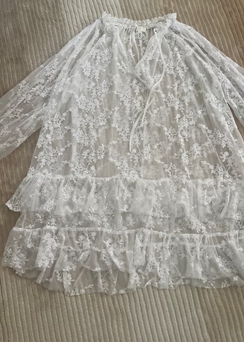 H&M Bohem Uzun Kollu Beyaz Mini elbise
