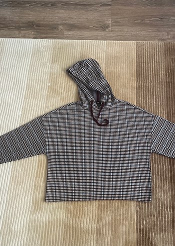 m Beden Kapüşonlu Gri Kareli Kadın Sweatshirt