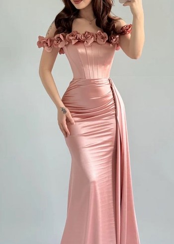 Pembe Straplez Çiçekli Uzun Abiye Elbise - Görsel 2