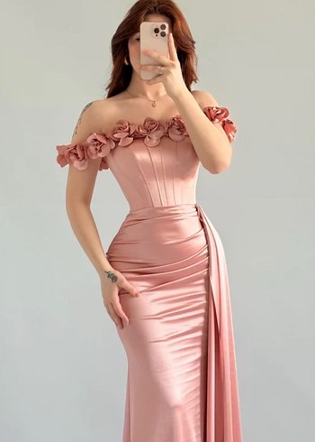 Pembe Straplez Çiçekli Uzun Abiye Elbise - Görsel 3