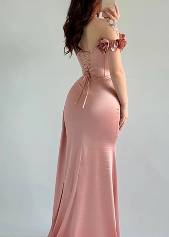 Pembe Straplez Çiçekli Uzun Abiye Elbise - Görsel 4