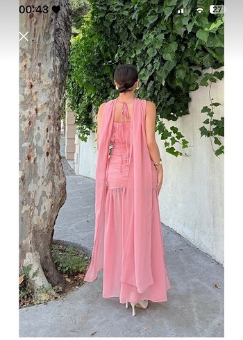Pudra Pembe Drapeli Uzun Elbise - Görsel 2
