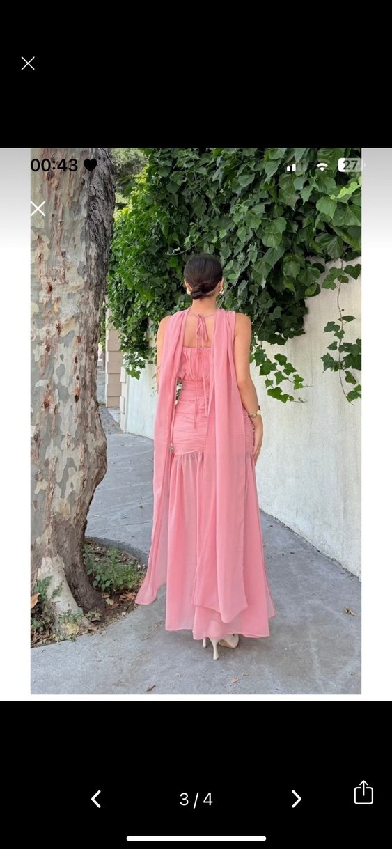 Pudra Pembe Drapeli Uzun Elbise - Görsel 2