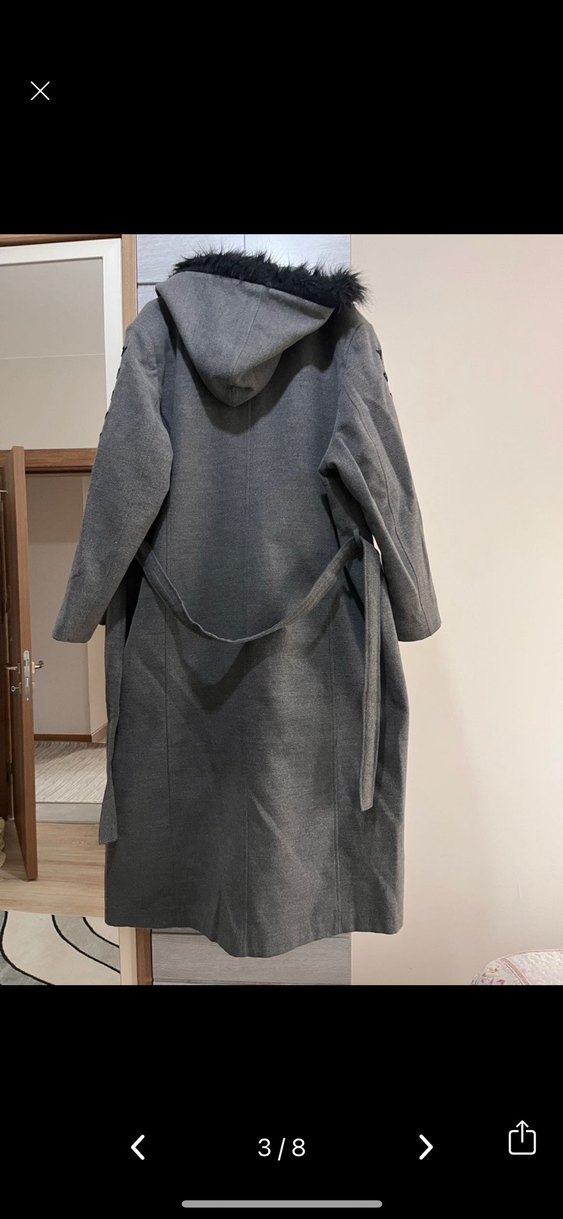 Gri Uzun Kadın Kaban, Kürk Detaylı - Görsel 3