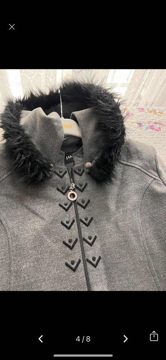 Gri Uzun Kadın Kaban, Kürk Detaylı - Görsel 4