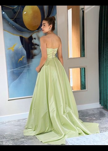 Drapeli Straplez Uzun Kadın Abiye Elbise - Görsel 3