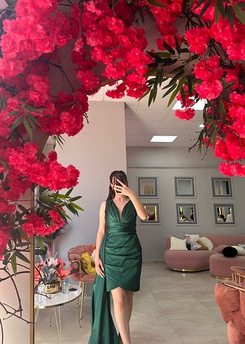 Yeşil Drapeli Uzun Abiye Elbise - Görsel 4