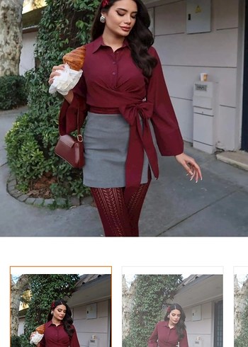 Bordo Kuşaklı gömlek - Görsel 2