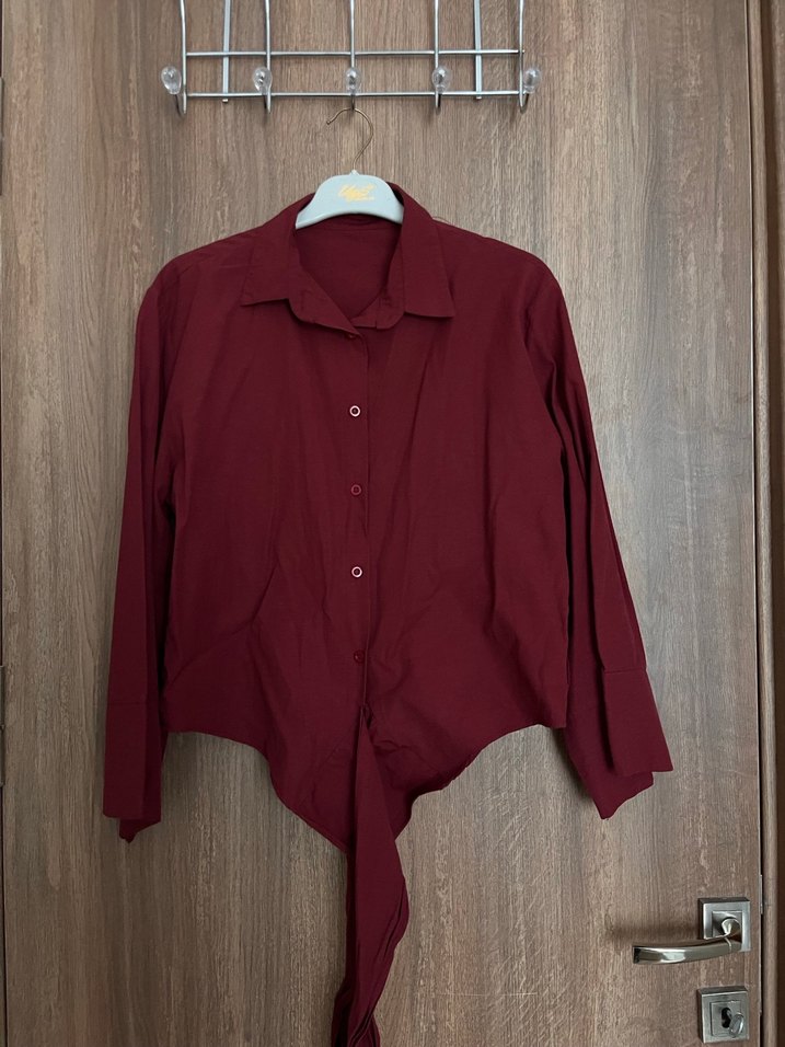 Bordo Kuşaklı gömlek - Görsel 5