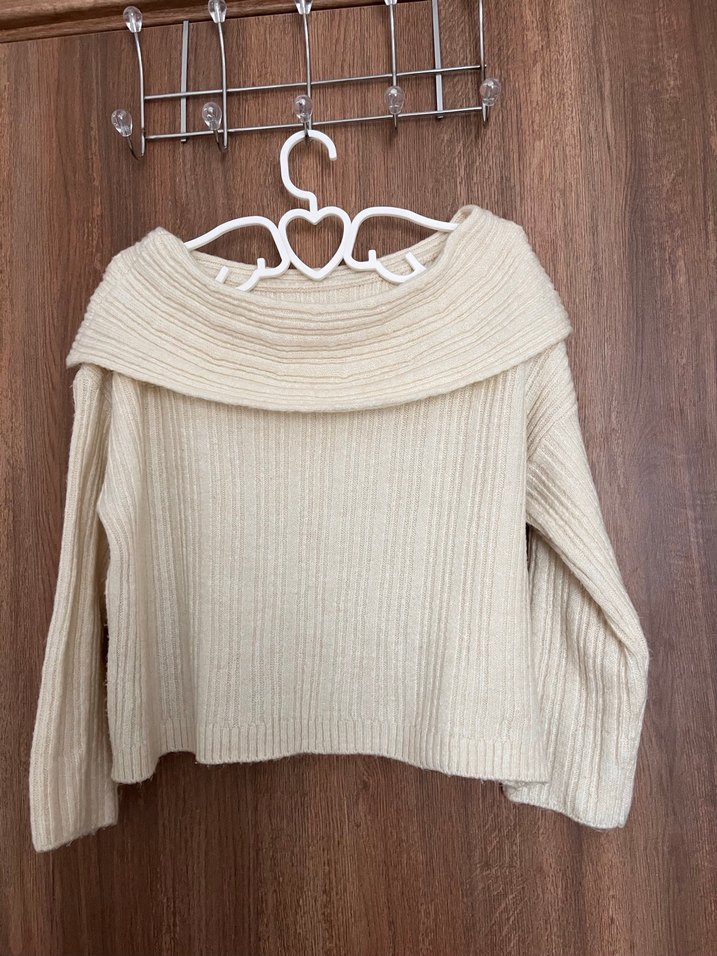 Beyaz Kadın kayık yaka Triko Kazak - Görsel 3