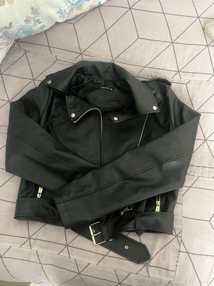 Kadın Siyah Deri Biker Ceket - Görsel 3