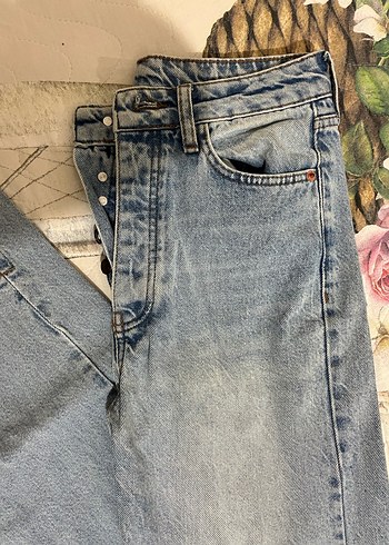 38 Beden Düğmeli Bağlama Desenli Gri Mavi Kadın Jean