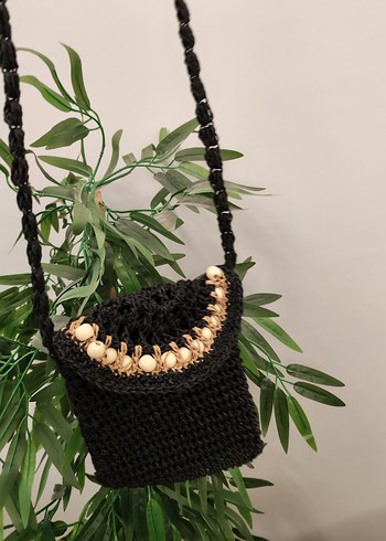 Boncuk İşlemeli Siyah Örgü Kadın Çapraz Çanta - Görsel 2