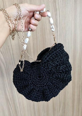 Boncuk Detaylı Siyah Örgü Kadın Çanta - Görsel 3