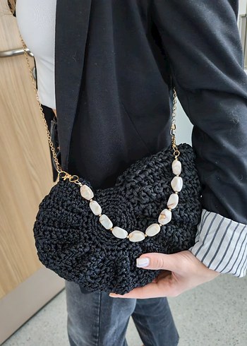 Boncuk Detaylı Siyah Örgü Kadın Çanta - Görsel 2