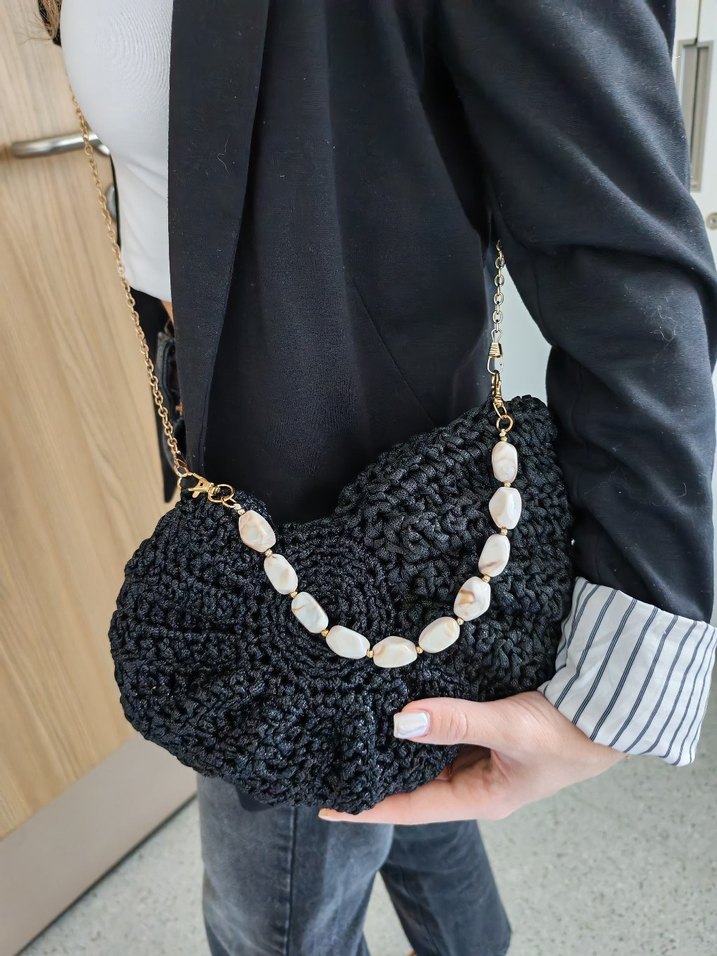 Boncuk Detaylı Siyah Örgü Kadın Çanta - Görsel 2