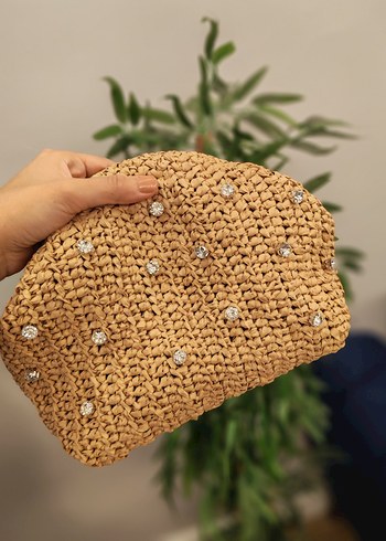 Nakışlı Bej Örgü Kadın Clutch Çanta - Görsel 3